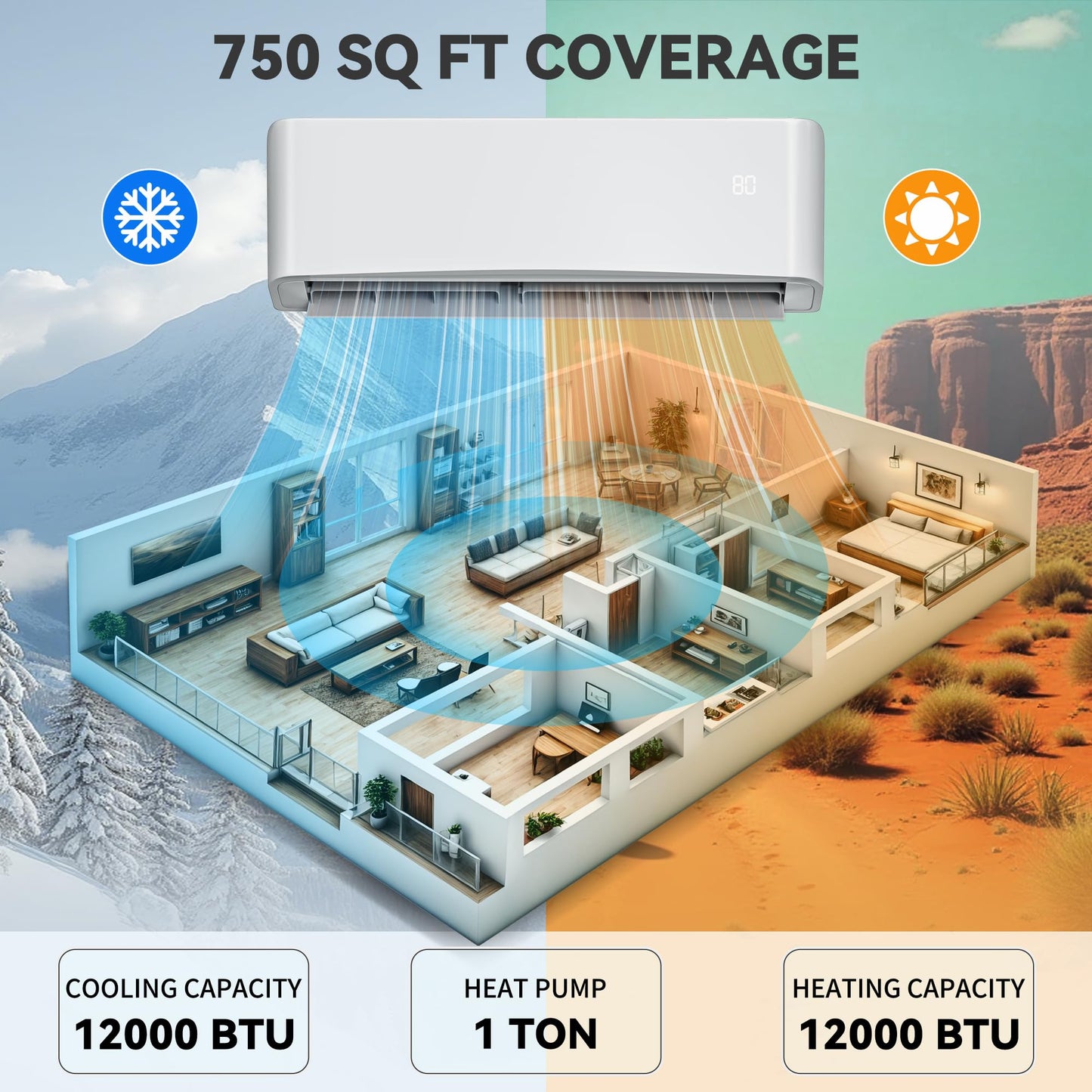 YITAHOME 12000 BTU Mini Split Air Conditioner Heat Pump System, WiFi Enabled 17 SEER2 208-230V Inverter Ductless AC Cool Up to 750 Sq. Ft with Installation Kit, Pre-Charged Condenser, 1 Ton