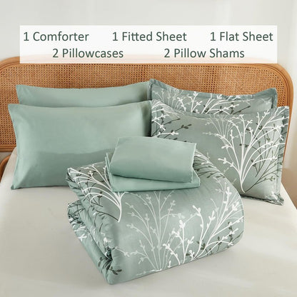 DJY Sage Green Comforter Set Queen Size Branch Botanical 7 Piece Bed in a Bag Green Floral Bedding Sets, Soft Microfiber Branches Leaves Pattern Reversible Comforter Set for All Season (90''x90'')