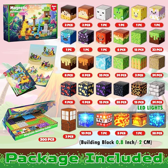 Magnetic Blocks - 300 PCS with Light Up Blocks Dinosaur Volcano Forest Castle Set - Kids Classroom Sensory Toy for Toddlers STEM Construction Stacking Toy Kids 3+ Boys easter basket stuffers