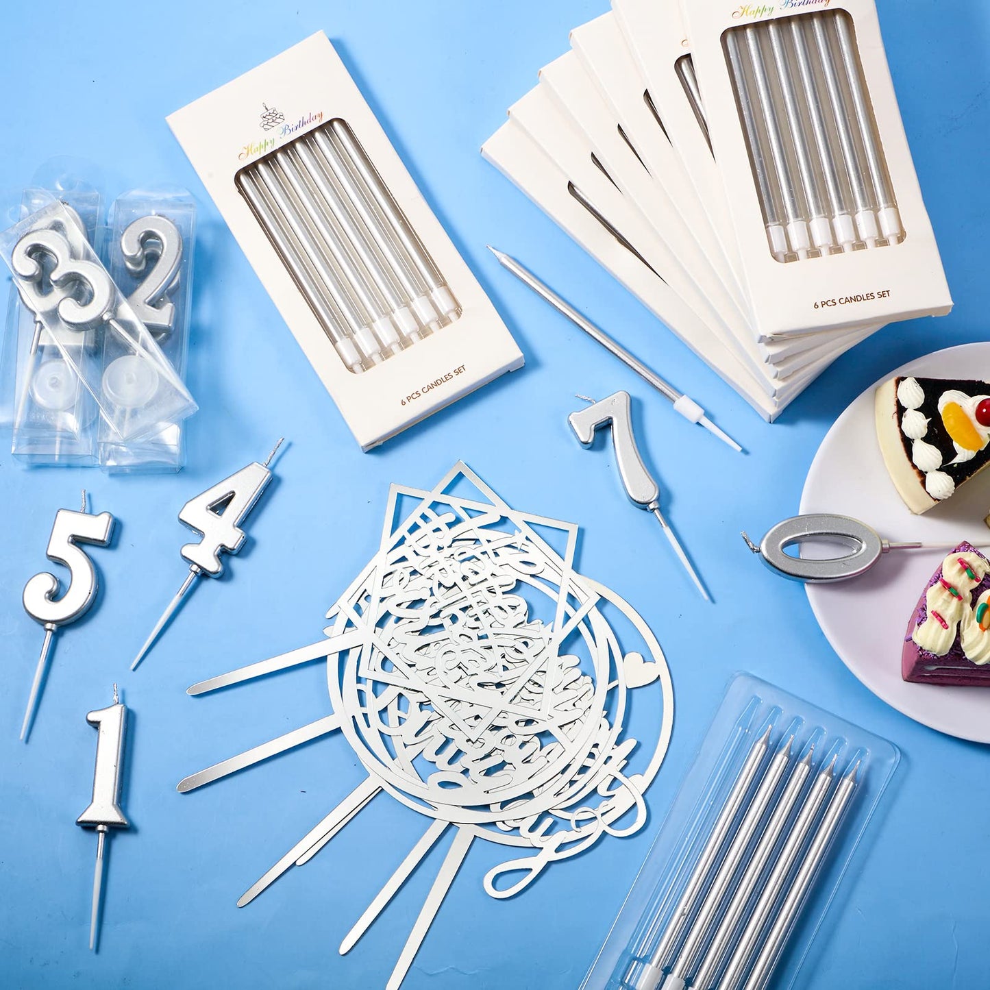 Shihanee 84 Pcs Birthday Cake Toppers Decorations Long Thin Metallic Birthday Candles Bulk Number Candles 0-9 DIY Cake Decor for Wedding Anniversary Party(Silver)