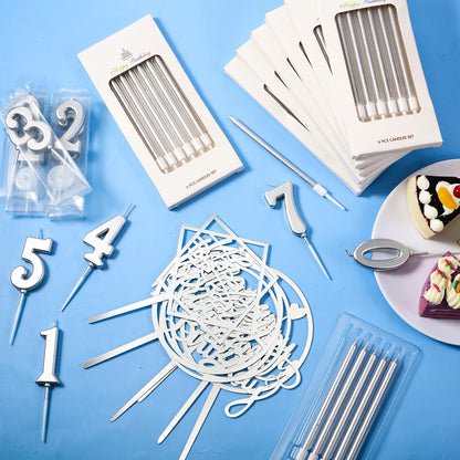 Shihanee 84 Pcs Birthday Cake Toppers Decorations Long Thin Metallic Birthday Candles Bulk Number Candles 0-9 DIY Cake Decor for Wedding Anniversary Party(Silver)
