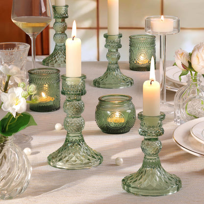 DARJEN Green Glass Candlestick Holders Set of 6, 4" H & 5" H Taper Candle Holders for Candlesticks & Pillar Candles, Diamond Candle Holders for Wedding Party Table Centerpiece, Home Decor