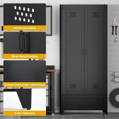 DWVO Metal Garage Storage Cabinet with Pegboard, 71" Tall Broom Cabinet with Lights, Adjustable Shelves, Heavy Duty Tool Storage Cabinet for Garage, Cleaning Room, Gym