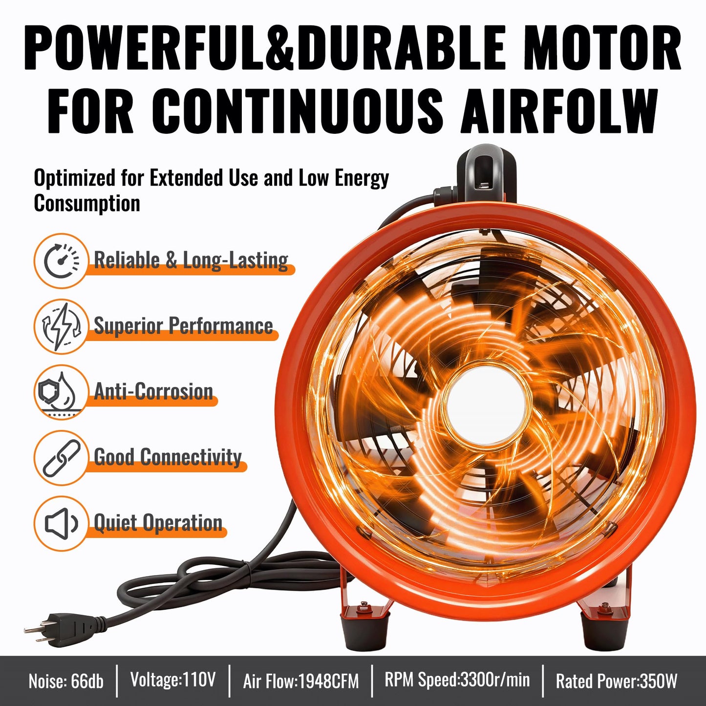 dreamdragon Upgraded 10-Inch Utility Blower Fan, Portable Industrial Exhaust Fan with 33ft Flexible Duct Hose, 3300 RPM Low-Noise Ventilator for Workshops Warehouses and Basements