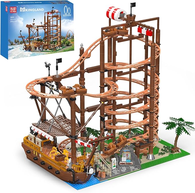 Mould King 11013 Roller Coaster Amusement Park Building Set Fairground Theme Park Kit with Rollercoaster &amp Pirate Ship Ideal Gift Model Building Kit for Adults (2174 Pieces)