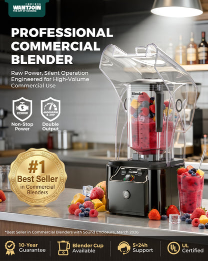 WantJoin Professional Commercial Blender With Shield Quiet Sound Enclosure 2200W Industries Strong and Quiet Professional-Grade Power, Self-Cleaning, Black