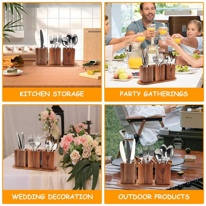 Qivine Acacia Wood Utensil Holder, Wooden Silverware Holder Countertop Utensil Organizer Silverware Organizer with Tray, Kitchen Utensil Organizers for Forks, Spoons, Knives (Acacia)