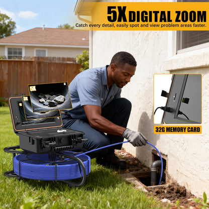 Sewer Camera 100ft, Self Leveling Drain Camera with Meter Counter, 7mm Thick Cable, 9" HD Screen 1080P Plumbing Cameras Snake with Light, 5100mAh Battery Duct Pipe Video Inspection Cam DVR 32GB