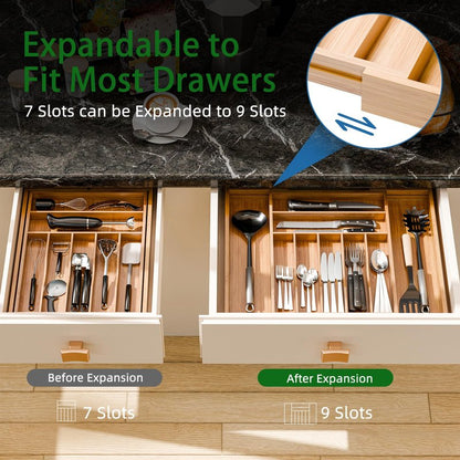Simple Trending Bamboo Kitchen Drawer Organizer, Expandable Silverware Organizer, Utensil Cutlery Tray for Flatware, Natural