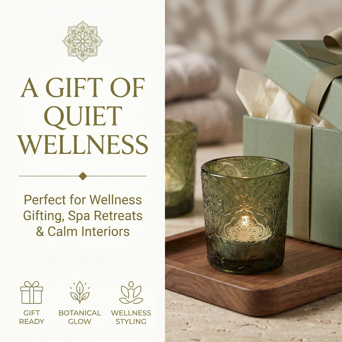 12 Pack Mandala Embossed Glass Candle Holders – Votive Tealight Holders with Patent Design, Decorative Embossed Glass Cups for Wedding Centerpieces, Parties, and Home Décor (Moss Green)