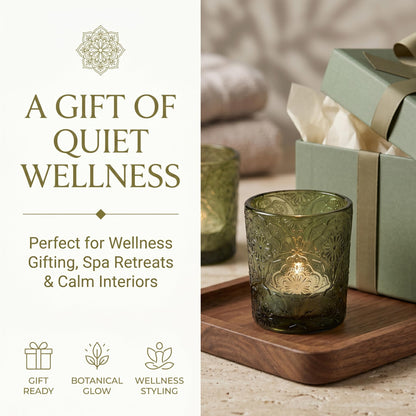 12 Pack Mandala Embossed Glass Candle Holders – Votive Tealight Holders with Patent Design, Decorative Embossed Glass Cups for Wedding Centerpieces, Parties, and Home Décor (Moss Green)