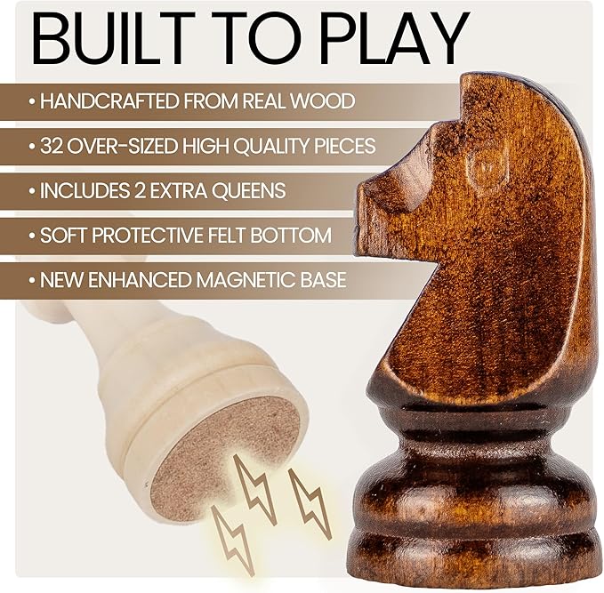 15 Magnetic Wooden Chess Set - Folding Portable Travel Chess Board - Hand Carved Pieces - Foam Storage Slots - 2 Extra Queens - Tournament and Beginner Play - Adults and Kids