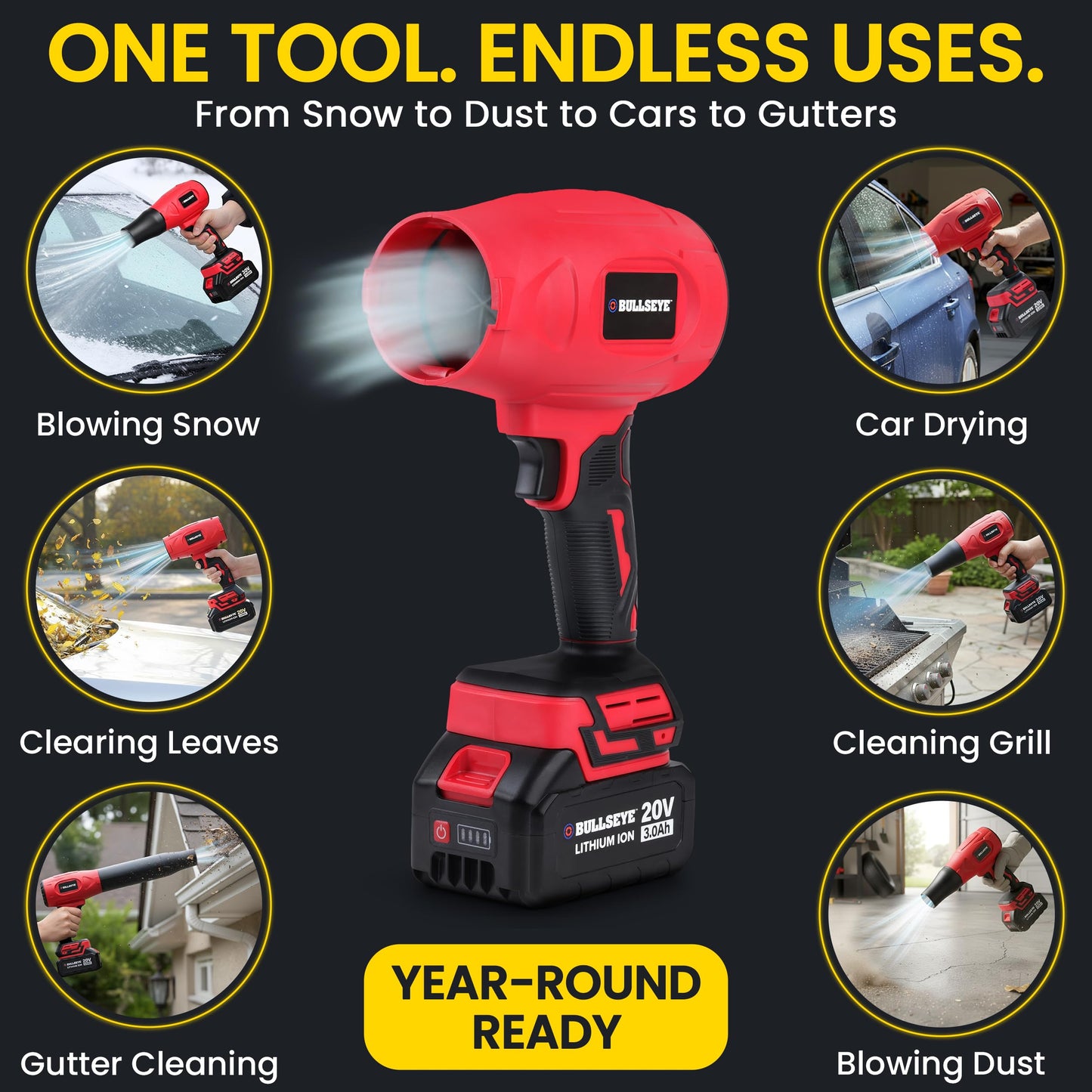 Bullseye Blower – Cordless Leaf Blower, Handheld Turbo Jet with 2 Batteries, 20V 350W Electric Air Power for Patio, Garage Cleaning and Car Drying – As Seen on TV