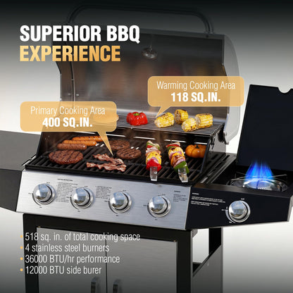 MASTER COOK 4+1 Burners Gas Grill, 518 Sqin Cooking Area, 52,000 BTU Propane Grill with Side Burner, Stainless Steel Cabinet Grill, Silver & Black