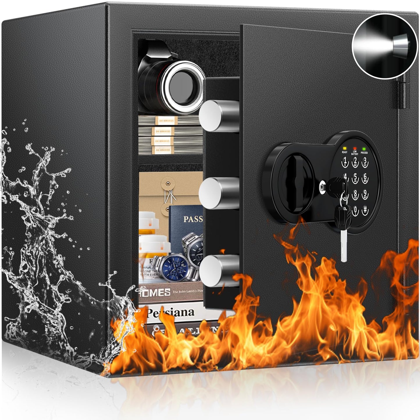 Mitlvge 2.0 Cuft Fireproof Safe Box, 35-Min Fire Resistant Home Safe with Digital Keypad & Spare Keys, Smart Alarm, Silent Mode, Fireproof Waterproof Security Safe with Removable Shelf