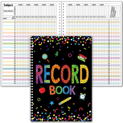 Fuyoooo Teacher Record Book Teacher Grade Books 2026-2027 Spiral Bound Record Planner 2026 Class Grade Book Office Favors for Classroom Attendance Decoration Double Sided(Black, Confetti)