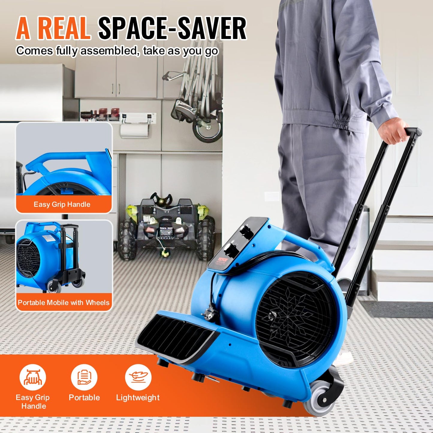 VEVOR Air Mover, 1 HP 4000 CFM Carpet Dryer for Cooling and Ventilating, Portable Floor Blower Fan with 3 Blowing Angles and Time Function, for Janitorial, Home, Commercial Use