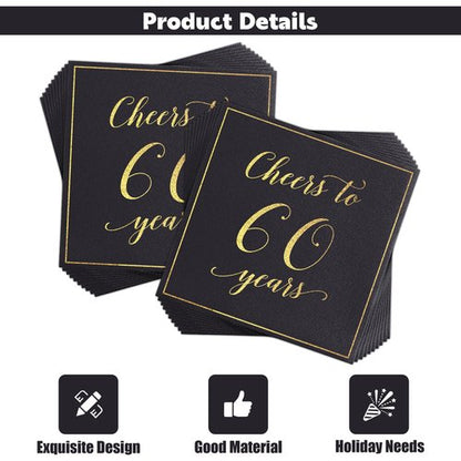 Heyiminy 20 Pack Cheers to 60 Years Napkins, Black and Gold 60th Birthday Napkins, 13 * 13 Inch Disposable Paper Cocktail Dinner Napkins for Birthday Wedding Anniversary Party Decorations (60 Years)