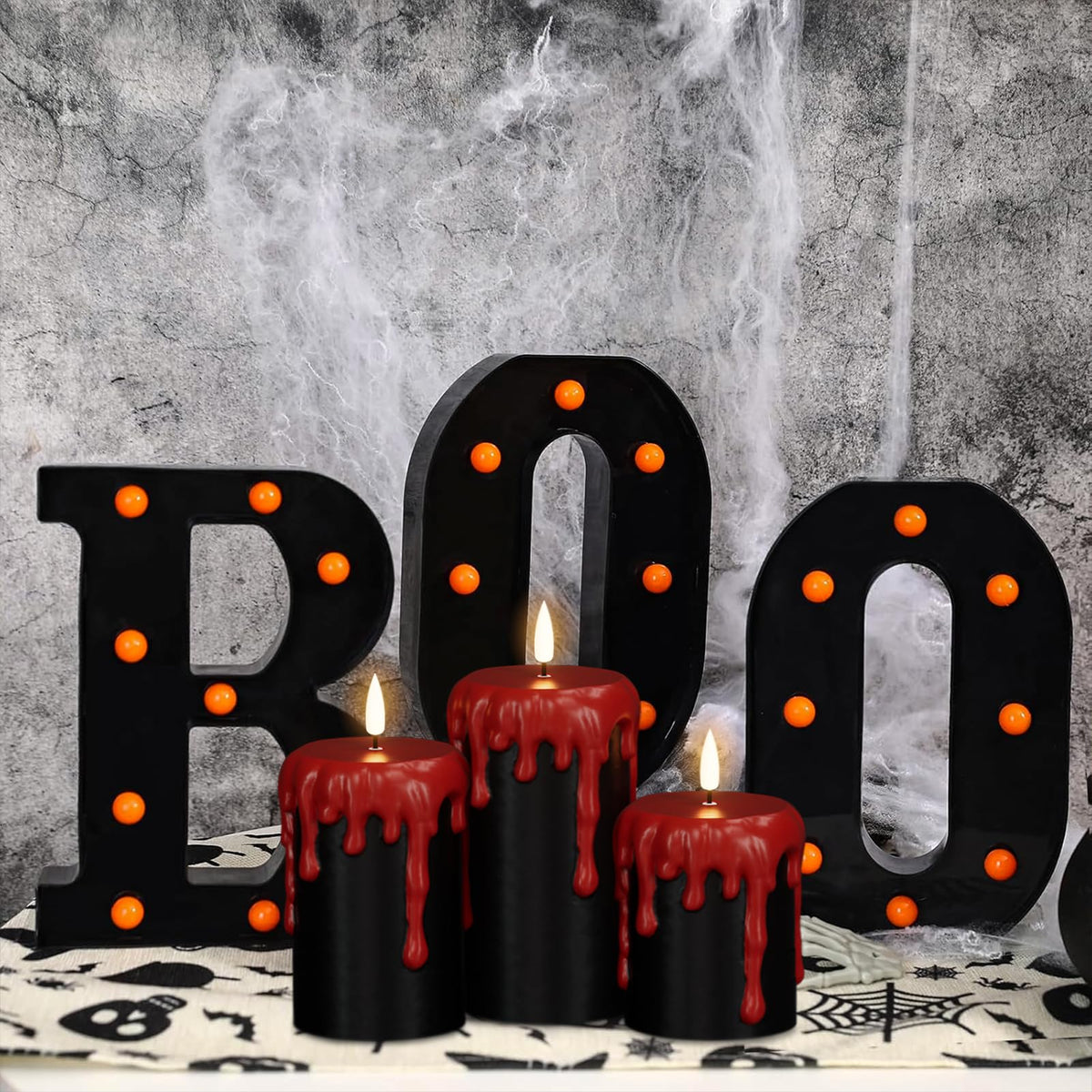 DRomance Battery Operated Flameless Candles with 6H Timer, Blood Dripping Wax Effect Black LED Pillar Candles 3D Wick Flickering Spooky Halloween Indoor Decoration Light(3 Pack, 3 x 4,5,6 Inches)
