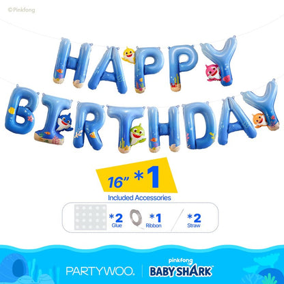 PartyWoo Baby Shark Blue Happy Birthday Banner Letter Balloons 16 Inch Blue Mylar Foil Letter Balloons for Boys and Girls Baby Shark Under the Sea Ocean Theme Kids Birthday Party Decorations