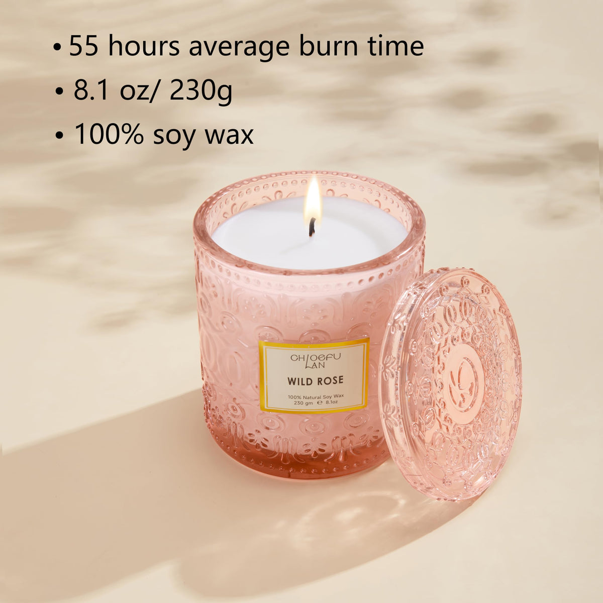 Chloefu LAN Wild Rose Candle, Mother Day Candles Gifts for Women, Luxury Jar Candle for Home Scented, Natural Soy Wax, Pink Candles for Home Scented, 55 Hours Long Burning, 8.1 oz