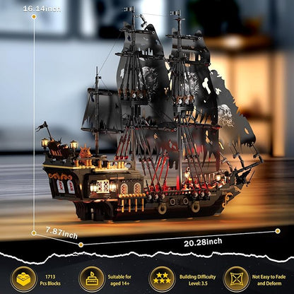 Pirate Ship Model Building Set for Adults Boys Girls Black Pearl Ship Model with Light Sail Boat Construction Toys Collectible Display Home Office Decor Birthday Gifts（1713 Pieces）