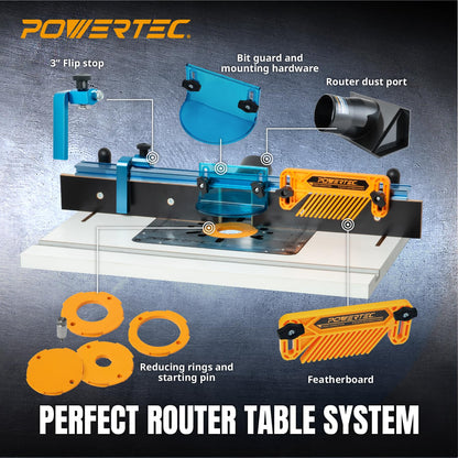 POWERTEC Benchtop Router Table w/Metal Stand and Adjustable Fence Set – 24" x 16" Laminated MDF Top, Aluminum Insert Plate, 2-1/2" Dust Port, Fence Stop, Featherboard and More Accessories (71963)
