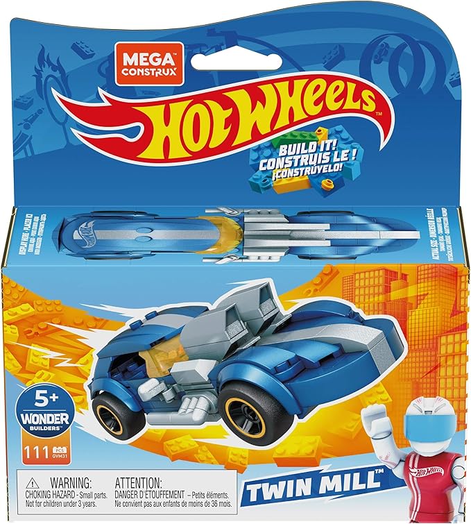 MEGA Construx Hot Wheels Race Car Building Toys Set Twin Mill with 111 Pieces 1 Micro Action Figure Driver Blue Kids Ages 5+ Years