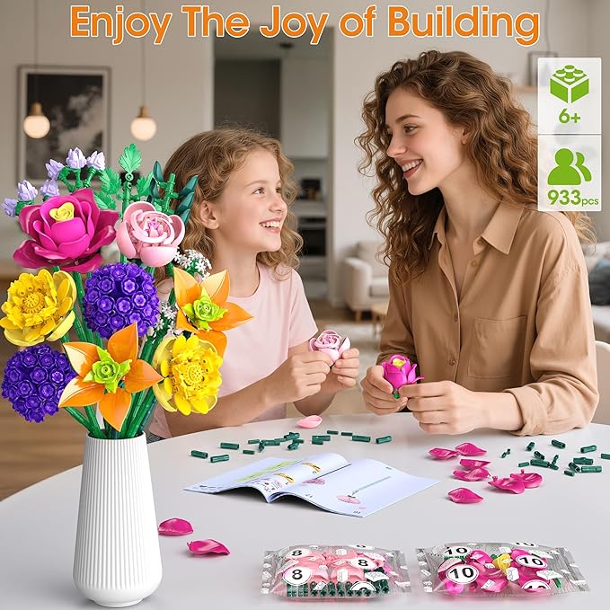 zinat Flower Building Blocks Set 933PCS Aesthetic Botanical Construction Kit DIY Artificial Flower Decor Home Desk Decor Elegant Home Display for Women and Girls Ages 8+