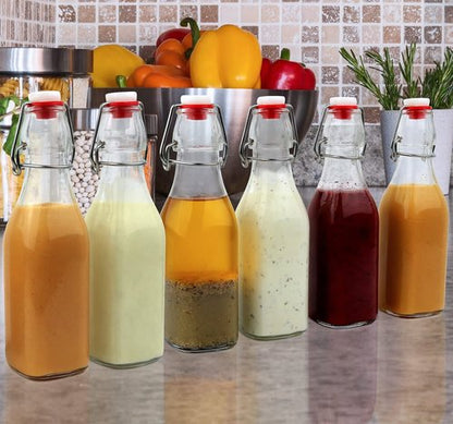Estilo Swing Top Easy Cap Clear Glass Bottles with Caps, Round, 8.5 oz, Set of 6 - Standard Size, Flip Top Glass Bottles to Store Home Brews, Oils, Vinaigrettes, Wines, Beer, Teas - Syrup Bottles