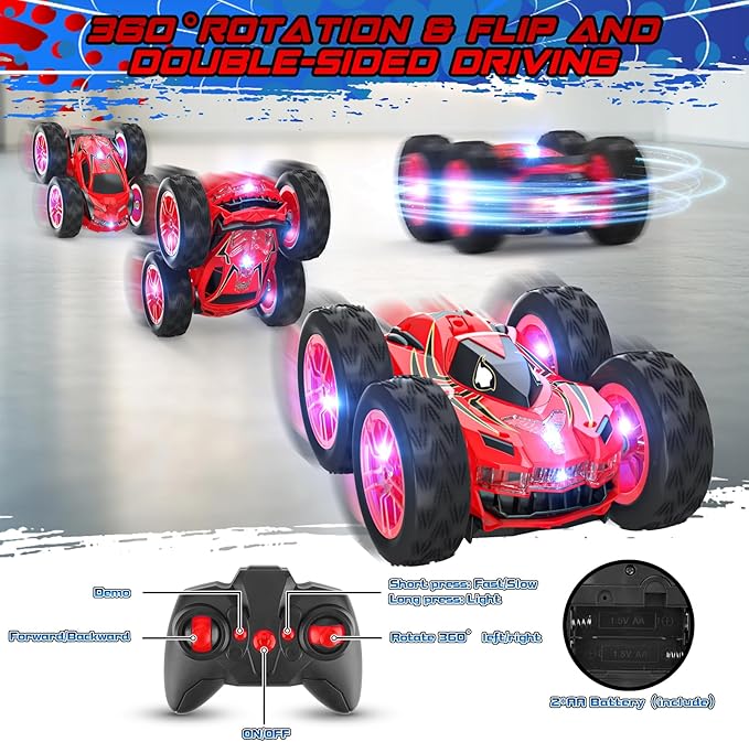 Remote Control Car for Kids RC Stunt Cars Toys for Boys Ages 4-7 with Cool Double-Sided Pattern and LED Flash 1:24 Vehicle Toy Car Hobby Racing Car Toys Gift for 3 4 5 6 7 8 9 Year Old Boys