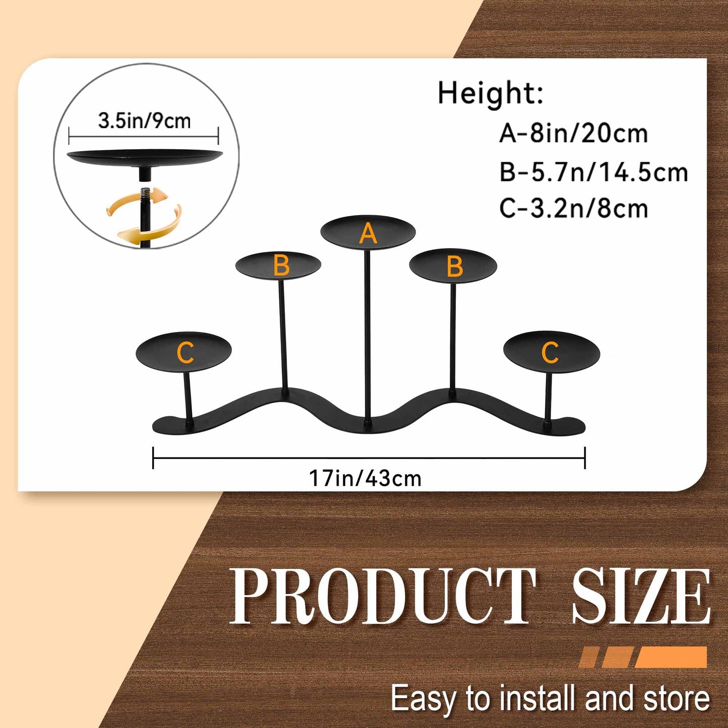 Fireplace Candle Holder for Home Decor: 17 inch Candle Stand for Indoor Dining Living Room - Black Metal Pillar Candelabra for Outdoor Wedding Party - Advent Halloween Christmas