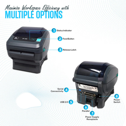 ZP450 Zebra Direct Thermal Label Barcode Printer with USB 2.0 Cable & 3 Prong Cord - USB, Serial and Parallel Connectivity 203 DPI (Renewed)
