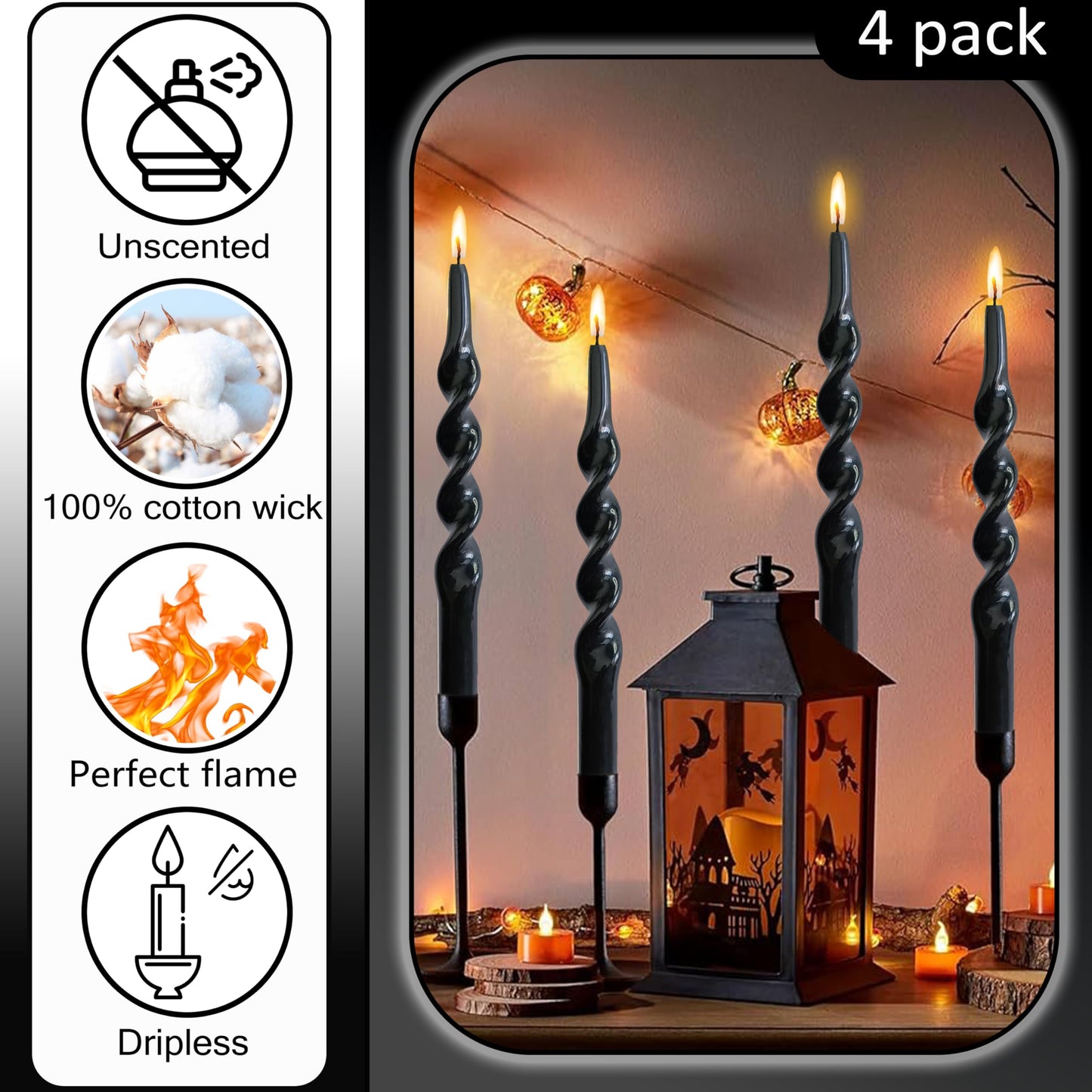 Black Taper Candles 10 Inch Twisted Taper Candle 4 Pack Halloween Candle Sticks Dripless Unscented Candles Stick for Wiccan Rituals Funeral and Memorial Services Wedding Home Party Decor