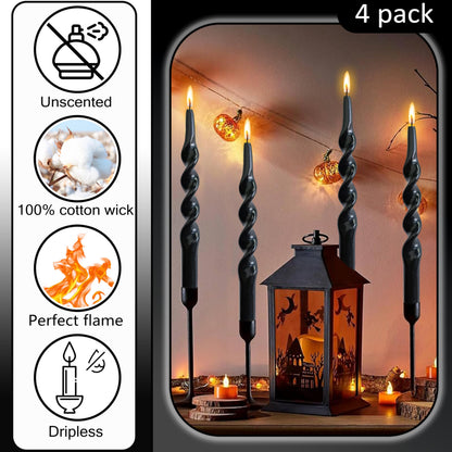 Black Taper Candles 10 Inch Twisted Taper Candle 4 Pack Halloween Candle Sticks Dripless Unscented Candles Stick for Wiccan Rituals Funeral and Memorial Services Wedding Home Party Decor