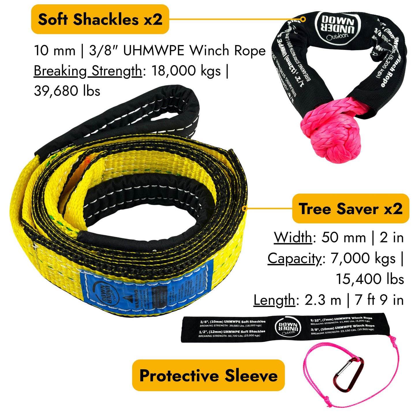 DOWN UNDER OUTDOORS Game/Log/4x4 Recovery Kit, Deer Drag, 650 ft of 9/32” (11,460 lbs) Winch Rope on Metal Reel, 2 Tree Savers, 2 Soft Shackles, 2 Snatch Rings, 2 Figure 8 Rings, Gear Bag