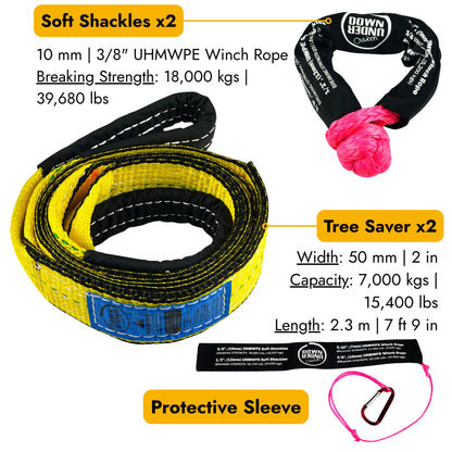 DOWN UNDER OUTDOORS Game/Log/4x4 Recovery Kit, Deer Drag, 650 ft of 9/32” (11,460 lbs) Winch Rope on Metal Reel, 2 Tree Savers, 2 Soft Shackles, 2 Snatch Rings, 2 Figure 8 Rings, Gear Bag