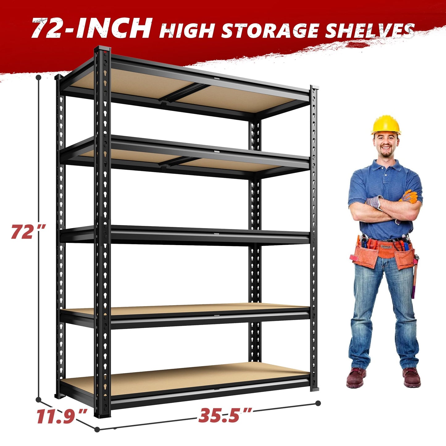 REIBII 2400LBS Garage Shelving Heavy Duty 5 Tier Storage Shelves Adjustable Garage Shelves, Utility Rack Shelf, Shelving Units for Storage Warehouse Pantry Closet, 35.5" W x 11.9" D x 72" H, 2 Pack