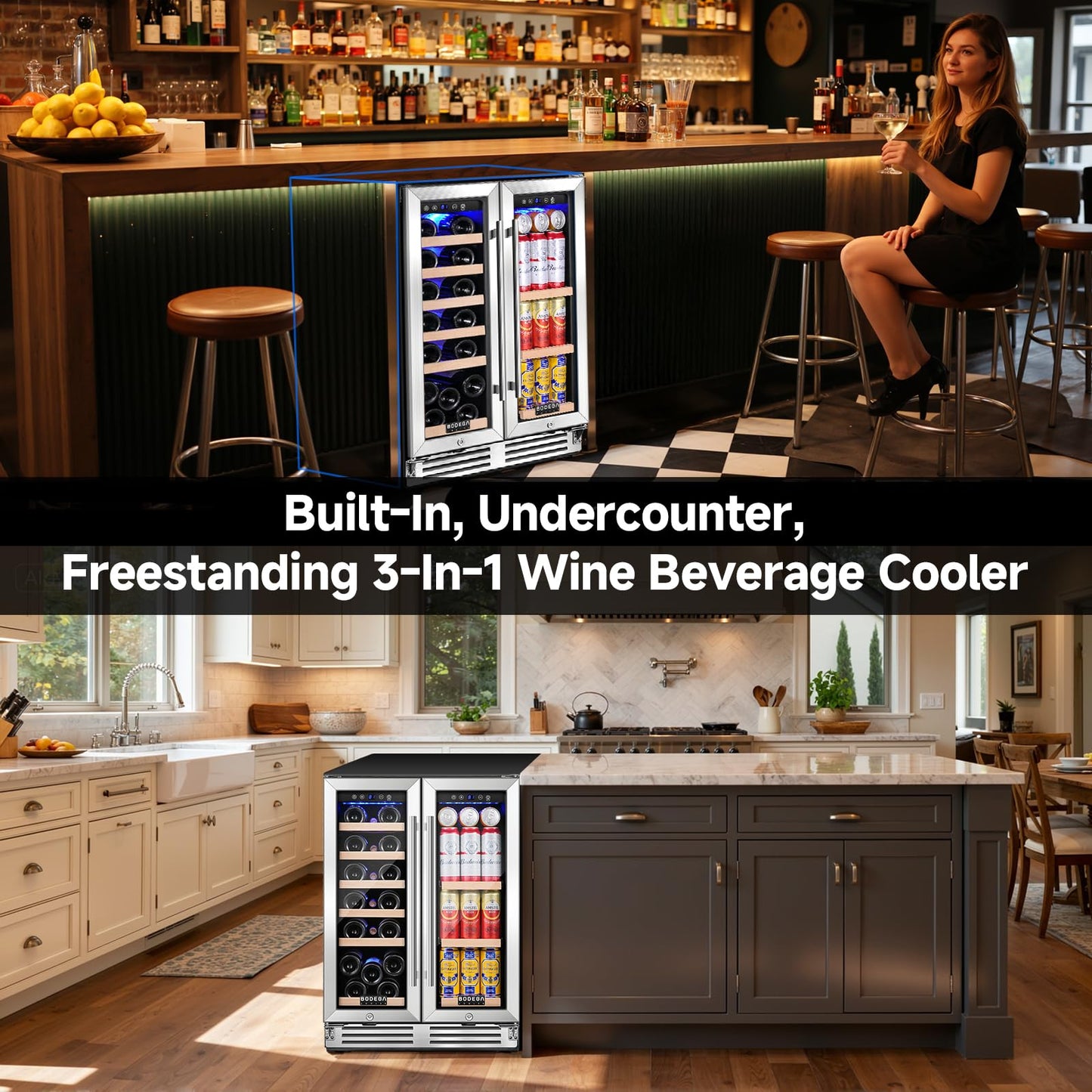 BODEGA COOLER Wine and Beverage Refrigerator, 24 Inch Dual Zone Wine Fridge, Holds 20 Bottles and 74 Count, French Doors, Under-counter or Freestanding Wine Cooler, Beverage Fridge with Tempered Glass