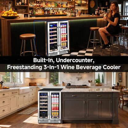 BODEGA COOLER Wine and Beverage Refrigerator, 24 Inch Dual Zone Wine Fridge, Holds 20 Bottles and 74 Count, French Doors, Under-counter or Freestanding Wine Cooler, Beverage Fridge with Tempered Glass