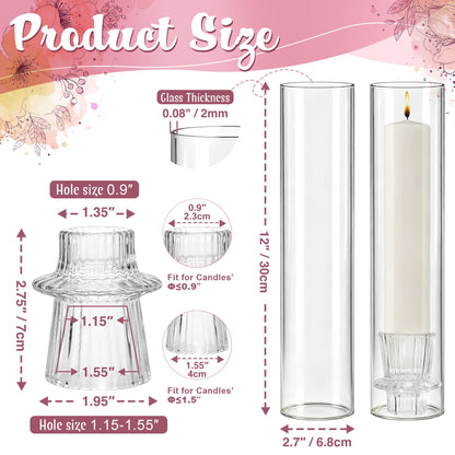 12 Set Glass Hurricane Candle Holders - 12" Tall Clear Glass Candlestick Holders for Taper Candles with Cylinder Chimney for Wedding, Party, and Home Table Centerpiece Decoration