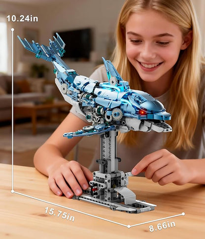 Moving Mechanical Dolphin Building Set - Hand Crank Model Kit with Swimming Tail Movable Jaw &amp Glowing Lights | STEM Educational Toy &amp Unique Desk Decor for Ages 8+ Adults Blue