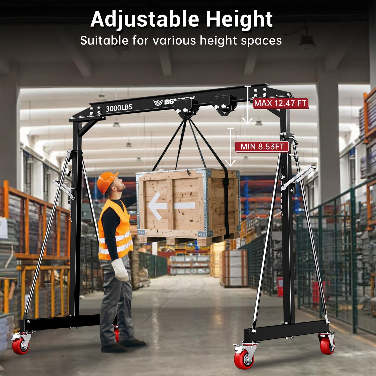 BSMTEK 1.5 Ton Gantry Crane MAX3000lbs Capacity, Adjustable Height (8.53-12.47 FT) & Width (6.56 FT), Steel I-Beam Construction, Portable Shop Hoist for Factories, Warehouses, Black
