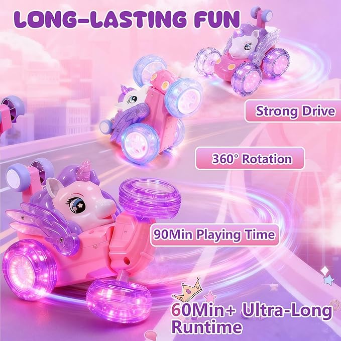 Unicorn Toys RC Car for Girls 4-6 Beginner-Friendly Cute Remote Control Toy - High-Speed All-Terrain 360°Flips Stunt &amp Cool Blinky Lights Ideal Christmas Birthday Gift for Age 3 4 5 6 7 8 - Purlpl