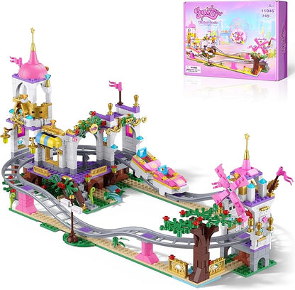 Castle Roller Coaster Building Set STEM Amusement Park Construction Kit for Kids Creative Pink Playground Blocks Birthday for Girls Boys Ages 6-12 (749Pcs)