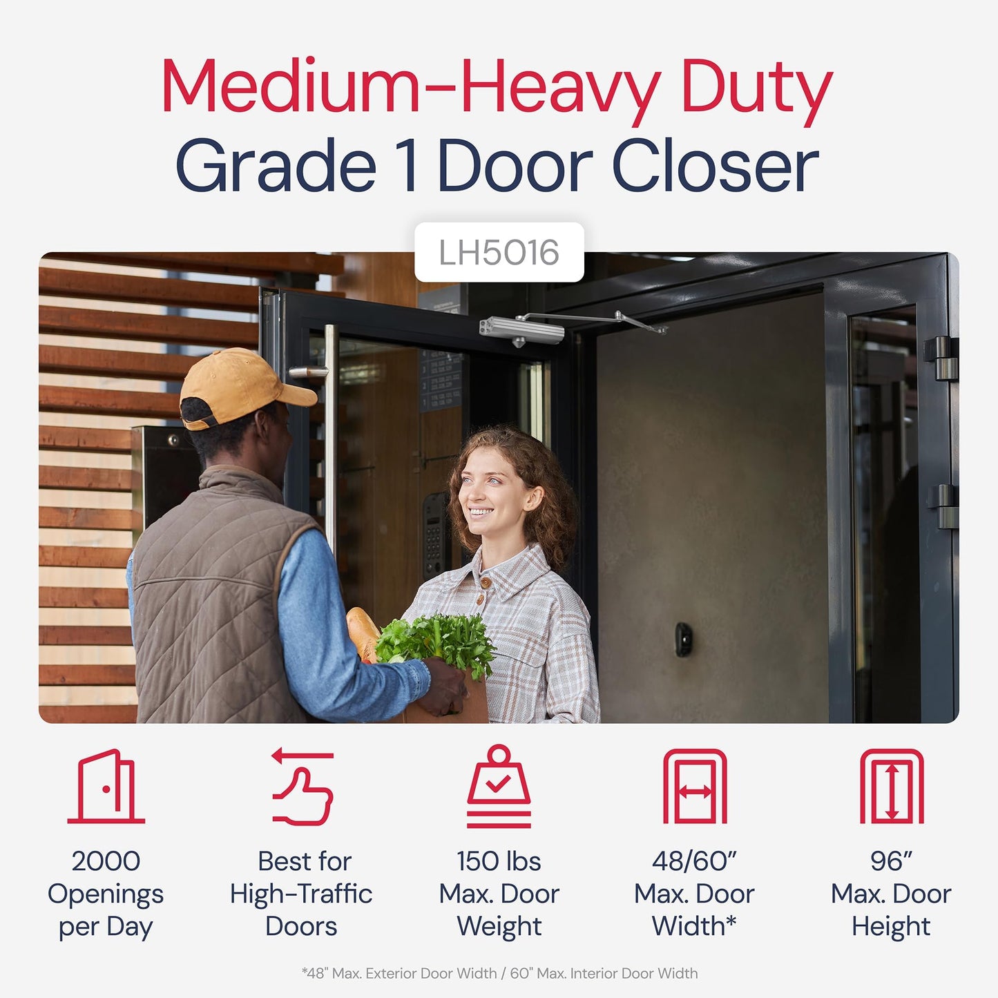 Lawrence Medium/Heavy Duty Door Closer Commercial Grade 1 - Surface-Mounted Commercial Automatic Door Closer with Adjustable 6-Speed Control and 3 Valves - Embassy Series LH5016