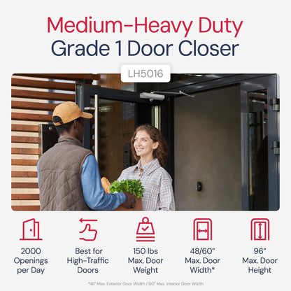 Lawrence Medium/Heavy Duty Door Closer Commercial Grade 1 - Surface-Mounted Commercial Automatic Door Closer with Adjustable 6-Speed Control and 3 Valves - Embassy Series LH5016