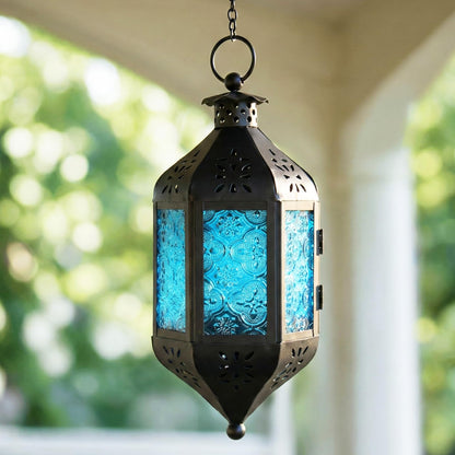 Vela Lanterns Hanging Moroccan Lamp - Exotic Decorative Patio & Porch Decor, Indoor Outdoor Tea Light Candle Lantern Holder with Chain (11" Medium, Blue Glass)