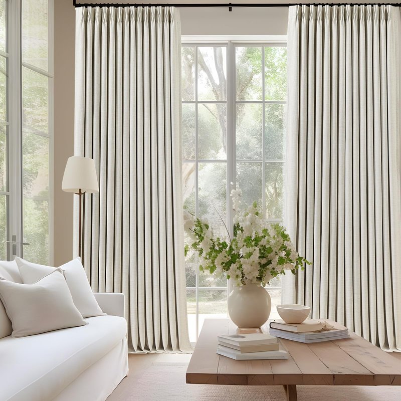 IVAPUPU Pinch Pleated Linen Blackout Curtains for Bedroom, Natural Full Black Out Curtains 84 Inches Long for Living Room Darkening Thermal Insulated Neutral Pleat Drapes with 16 Hooks, 2 Panels