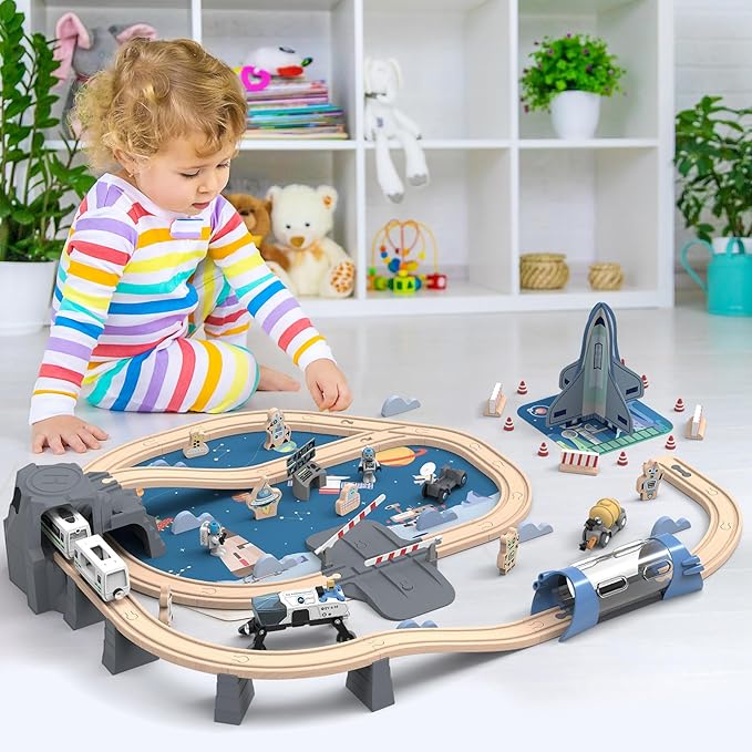 82 Pcs Wooden Train Set for Toddlers Magnetic Train with Track for Kids Ages 3-6 Compatiable with Major Brands Space Railway Playset Gifts for Boys and Girls Ages 3+